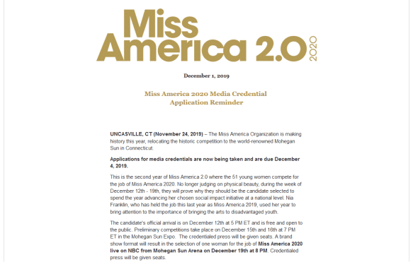 Reminder Miss America 2020 Press Credential Applications Due